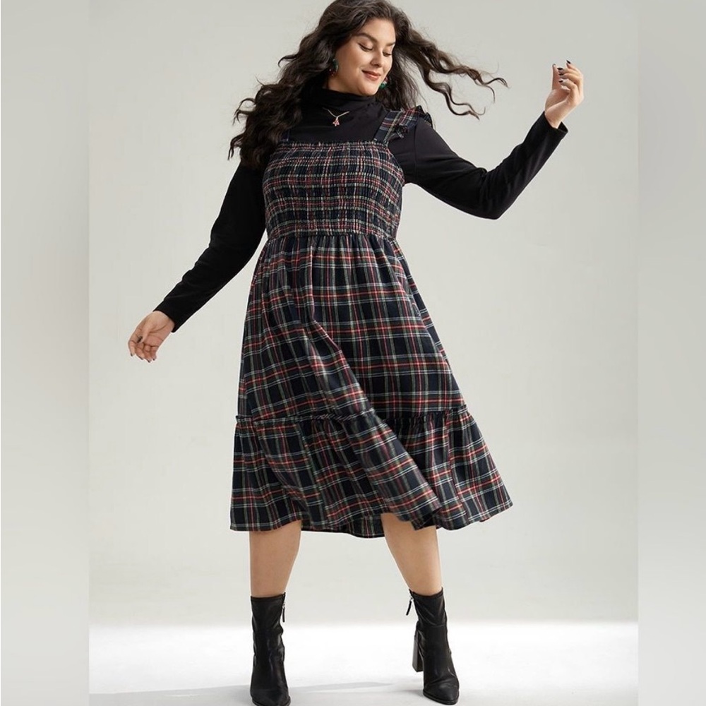 Bloomchic Plaid Shirred Midi Dress